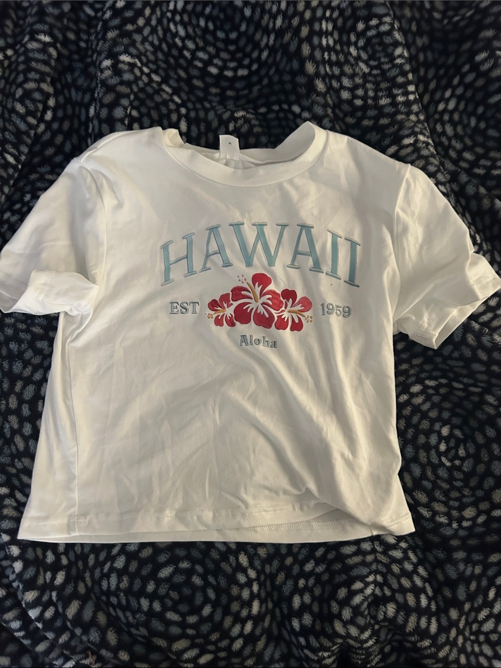 White "Hawaii" Graphic Tee with Red Floral Accent - Kids